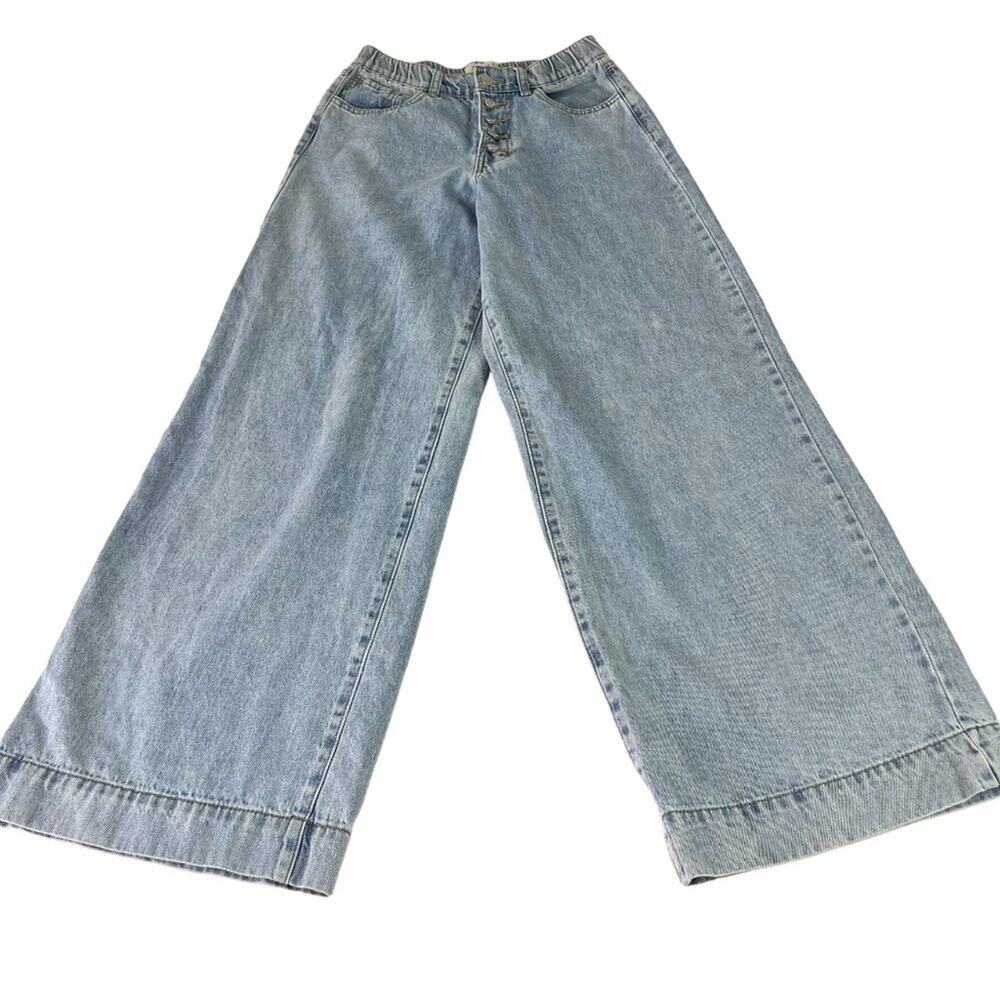 Forever 21 Jeans Women's Light Wash Wide Leg High Rise Exposed Buttons Elastic